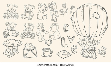 a large set of contour illustrations, Teddy bear toys, for decoration design, Valentines day, in the style of childrens Doodle