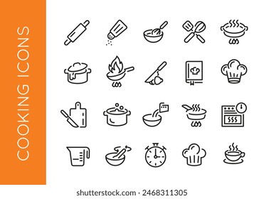 Large set of cooking trendy minimal icons. Rolling Pin, Salt Shaker, Cooking Book, Chef Hat, Timer, Soup Bowl icons. Design signs for web page, mobile app, packaging design. Vector illustration