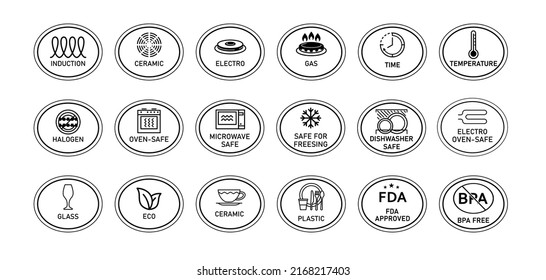 A large set of cookware labeling icons in an oval frame. Induction, gas, microwave, FDA approved, BPA free, etc. To indicate a surface, coating. Vector illustration isolated on white background, black