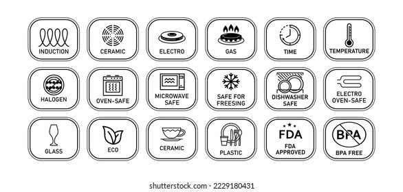 A large set of cookware labeling icons in an oval frame. Induction, gas, microwave, FDA approved, BPA free, etc. To indicate a surface, coating. Vector illustration svg