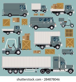 Large set of cool detailed flat design freight commercial transport items featuring delivery van, scooter, flatbed truck, forklift, semi-trailer tractor unit and various types of load and cargo