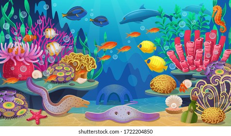 Large set of coral reef with algae tropical fish and corals. Vector illustration in cartoon style.