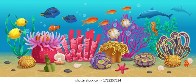 Large set of coral reef with algae tropical fish and corals. Vector illustration in cartoon style.