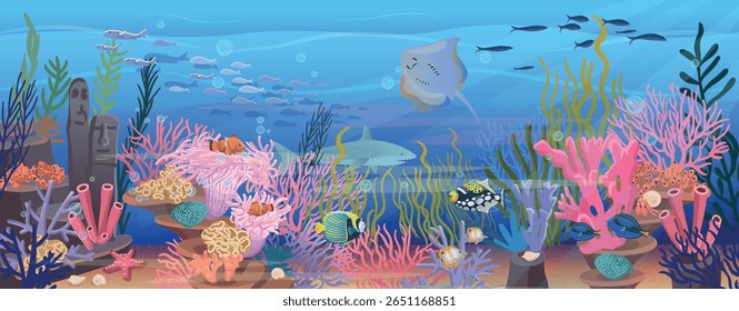 Large set of coral reef with algae tropical fish and corals. Vector illustration in cartoon style.