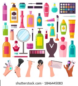 Large set of cosmetic accessories for beauty: shampoo, milk, lipstick, mascara, creams, women's hands with makeup bag, makeup brushes, mirror. Huge selection of cosmetics. Icons for website, shop