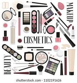 Large set of cosmetics. Vector realistic makeup items on white background. Eye shadow, powder, brush, lipstick, pencil, mascara, sponge.