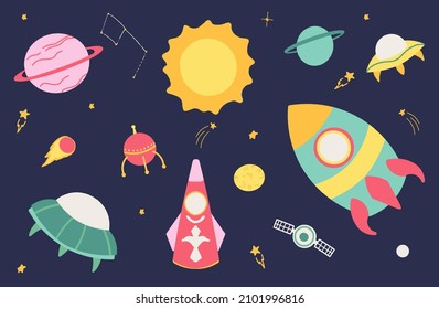 Large set of cosmic. Spaceship, rocket, flying saucer, planet, sun, moon, constellation, galaxy, asteroid. Colorful bright colors. Vector flat cartoon style. For postcards, poster, stickers, prints