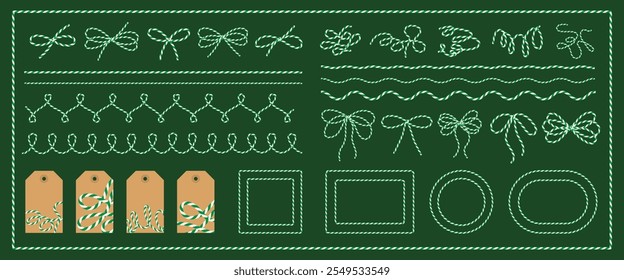 Großes Baumwoll-Backgarn, Band grün weiß, Verpackungsfaden, Bögen, Anhänger, Rahmen für die Dekoration, Bindekästen, Geschenkverpackung für das neue Jahr, Weihnachten, einzelne Element für Geschenkbanner, Karte. Vektor-EPS10