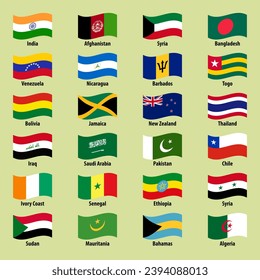 Large set of country flags in wavy style on a bright background