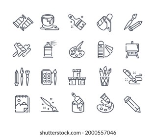 Large set of creativity, art and drawing icons depicting paints, swatches, spray, paint bucket, paintbrushes, aerosol and color palettes, black and white outlune line drawn vector illustration