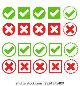 Large set of cross and check buttons in round and square frames. Button for interface. Set of green and red crosses and checkmarks, yes, no, right, wrong, approved, rejected.