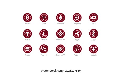 Large set of cryptocurrencies icons isolated on white background. Collection of red round cryptocurrencies flat logos.