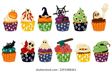 A large set of cupcakes for Halloween in the style of Flat. Eerily decorated cupcakes, themed little cakes for October 31 and a scary dessert set of cartoon vector illustrations. Baking for Halloween