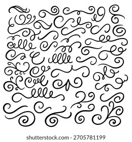 Un Grande conjunto de rizos, espirales y trazos decorativos en un estilo limpio dibujado a mano. Ideal para adornos, marcos, bordes y diseños creativos.