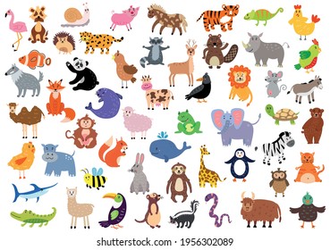Large set of cute animals.  Nursery characters for children's design. Vector illustration