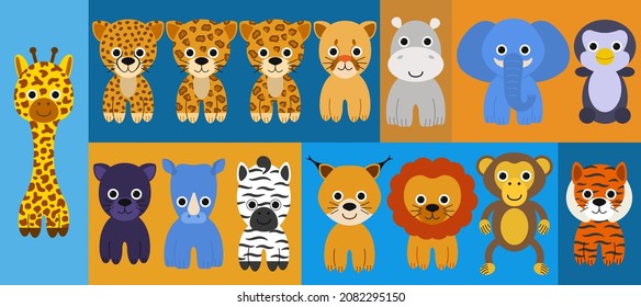 Large set of cute animals such as cheetah, leopard, jaguar, lynx, tiger, lion, elephant, hippo, rhino, giraffe, puma, panther, zebra, penguin and monkey.
