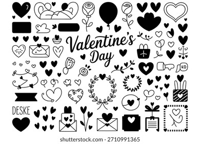 A large set of cute black and white hand drawn doodle icons perfect for valentine day, love, romance, wedding, and relationship design projects.