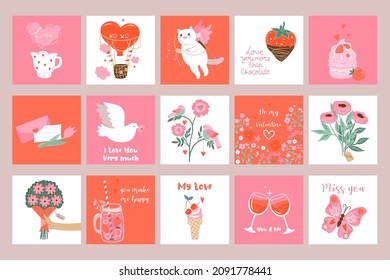 Large set of cute cards for valentine's day. Vector graphics.
