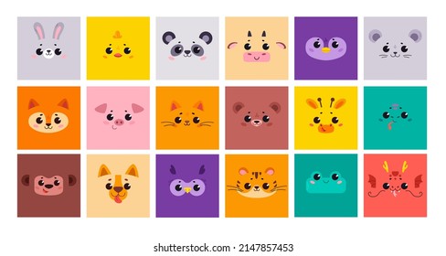 Large set Cute cartoon animals in a square shape. A cards for developmental games. Vector illustration Square icons for apps or games with the face of a cat . 