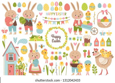 Large set of cute cartoon characters and  elements for the Easter holiday designs. Easter bunny, eggs, flowers, flags, spring house and other vector elements.