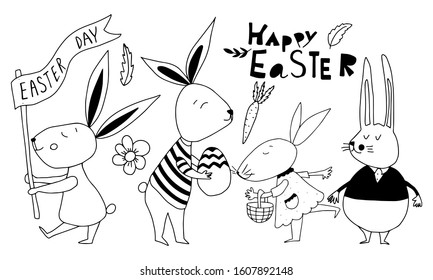 Large set of cute cartoon characters Easter bunny and elements for the Easter holiday designs