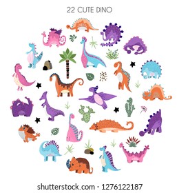 Large set of cute cartoon dinosaur in scandinavian style, elements on white background, vector illustration for children, nursery poster, print for clothes, greeting card