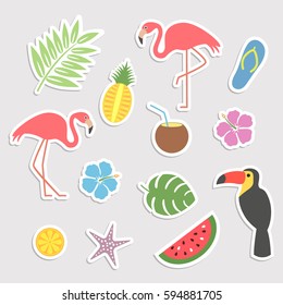 A large set of cute cartoon tropical stickers with palm leaves, flowers and elements. Lovely stickers, patches in a flat style isolated on a light background