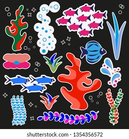 Large set of cute characters for stickers or patches on theme of sea or aquarium. Set of vector illustrations in cartoon style.