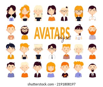 A large set of cute chubby avatars of a man and a woman with short and long hairstyles, beards, mustaches. Vector illustration isolated on white background.