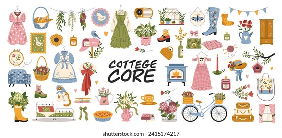 A large set of cute cottage core style elements. Rural girl aesthetics. Flowers, retro clothes, vintage dresses. Vector, flat, cartoon illustration