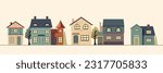 large set of cute decorative simple houses. Various small tiny houses,  Flat design. Hand drawn trendy illustration. Big colored vector set. All elements are isolated