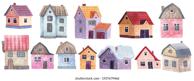 large set of cute decorative simple houses, childrens illustration in watercolor