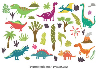 Large set of cute dinosaurs and tropical plants.  Nursery characters for children's design. Vector illustration