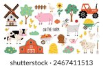 Large set of cute farm animals and birds in flat style. Cow, goat, lamb, goose, chicken, pig, tractor, hay and mill hand drawn style. Objects for poster, banner or postcard. White isolated background.