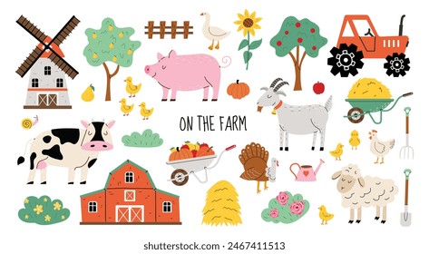 Large set of cute farm animals and birds in flat style. Cow, goat, lamb, goose, chicken, pig, tractor, hay and mill hand drawn style. Objects for poster, banner or postcard. White isolated background.