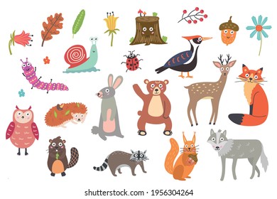 Large set of cute forest animals and plants.  Nursery characters for children's design. Vector illustration