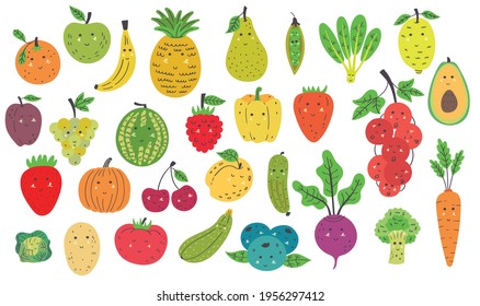 Large set of cute fruits and vegetables. Fruit and vegetable healthy characters for children. Nursery characters for children's design. Vector illustration