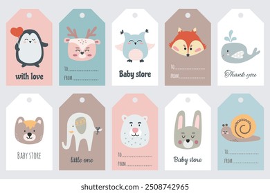 Large set cute gift tags with animals and handwritten letterings. Bundle of sale labels for children's birthday gift, kids clothes, store. Hand drawn funny characters