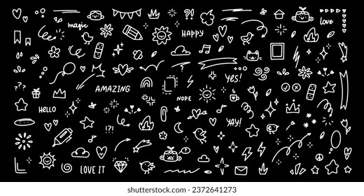 Large set of cute hand drawn doodles. Vector doodles on black background