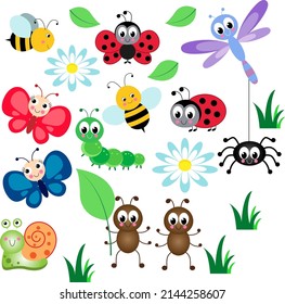 A large set with cute insects. Colorful vector illustration in a flat style. Bee, butterfly, ladybug, caterpillar, dragonfly, spider, daisy. Smiling characters for children's design.