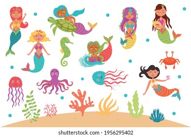 Gran conjunto de sirenas y criaturas marinas adorables. Un mundo submarino mitológico y fantástico. Personajes de guardería para el diseño infantil. Ilustración del vector