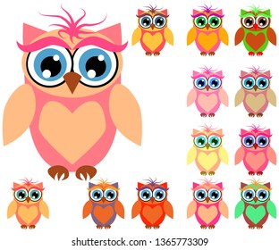 Large set of cute multicolored cartoon owls for children, different designs, trendy coral color included