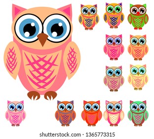 Large set of cute multicolored cartoon owls for children, different designs, trendy coral color included