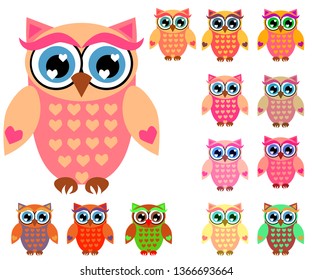 Large set of cute multicolored cartoon owls for children, different designs, trendy coral color included