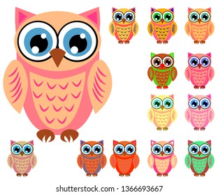 Large set of cute multicolored cartoon owls for children, different designs, trendy coral color included