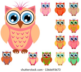 Large set of cute multicolored cartoon owls for children, different designs, trendy coral color included