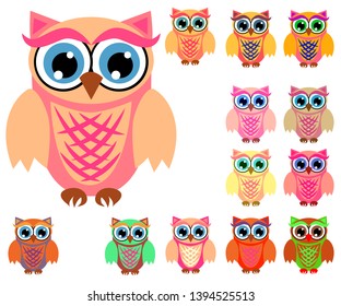 Large set of cute multicolored cartoon owls for children, different designs, trendy coral color included