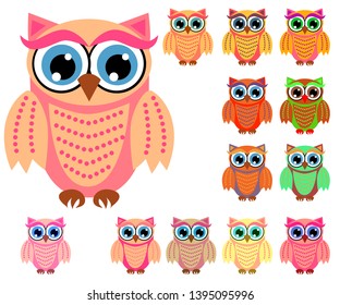 Large set of cute multicolored cartoon owls for children, different designs, trendy coral color included