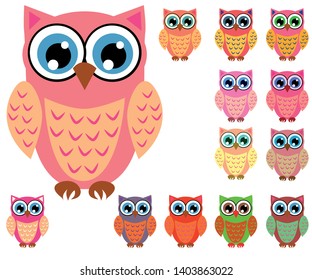 Large set of cute multicolored cartoon owls for children, different designs, trendy coral color included