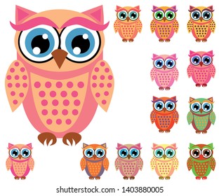 Large set of cute multicolored cartoon owls for children, different designs, trendy coral color included